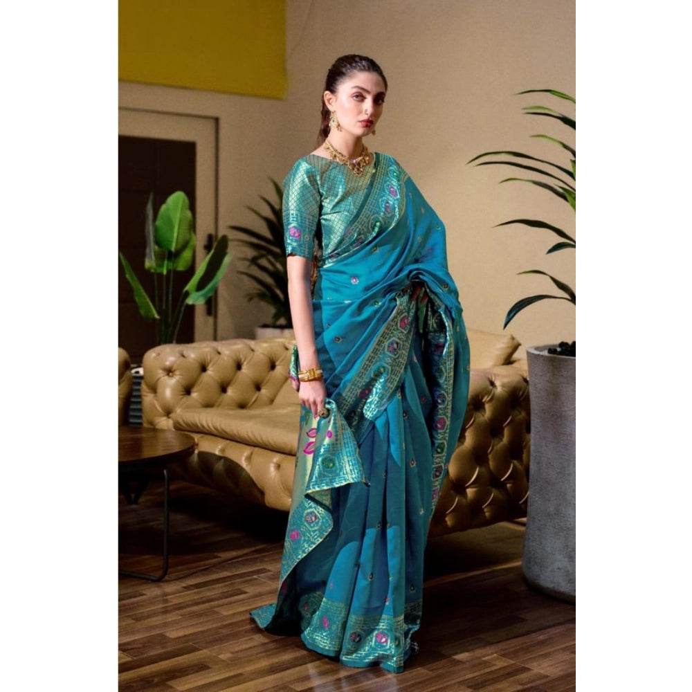 Generic Women's Silk Blend Paithani Weaving Saree With Unstitched Blouse 5.5Mtr (Rama) - MYLUXURY LANE ENTERPRISE